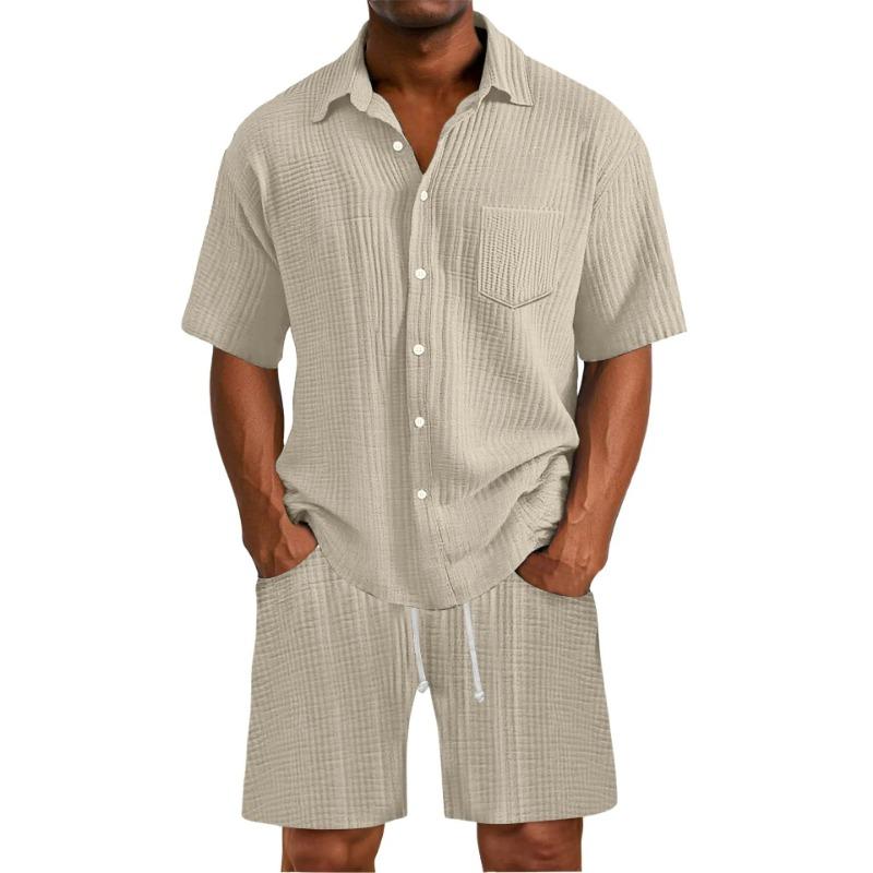 Mens Casual Solid Color Textured Shirt Shorts Two Piece Set