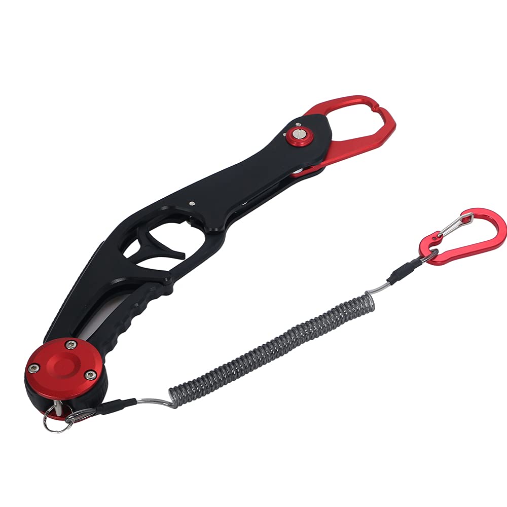 Fish Grip Fish Catcher, Ultra-Lightweight Aluminum Fish Grabber with Safety Rope (Red)