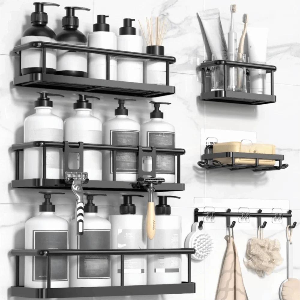 

6 Pack Large Capacity Shower Storage Racks Self Adhesive Black Bath Organizer No Drilling Bathroom Shelves Wall Storage