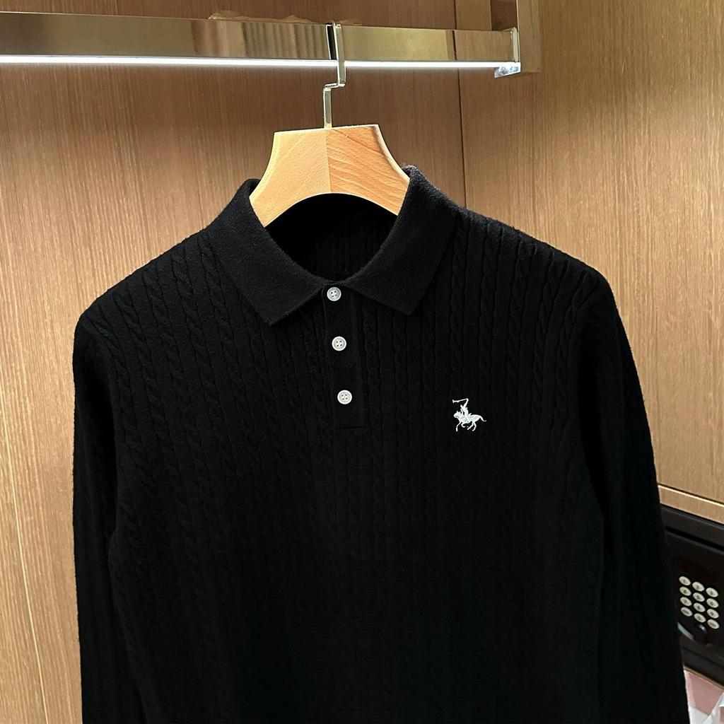 Men's High-End Retro Cable Knit Slim Fit Polo Sweater - Minimalist Long Sleeve Lapel Style