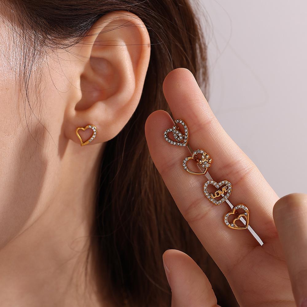 Fashion Light Luxury Gold Love Diamond Earrings Stainless Steel Gold Plated Hollow Design Earrings Women