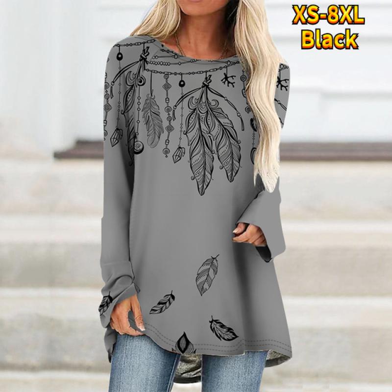 

Большой размер, свободный женский топ с круглым вырезом и узором из перьев, осенняя сумка с длинным рукавом, стиль XS-8XL M