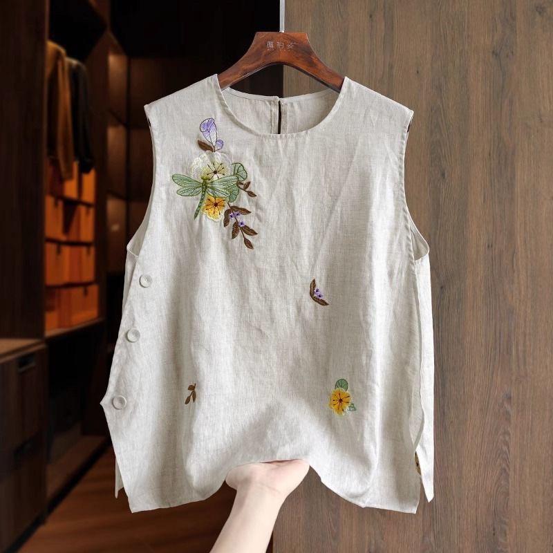 Chinese Style Cotton Vest Vest Ladies Summer Embroidered Button Design Sleeveless Top