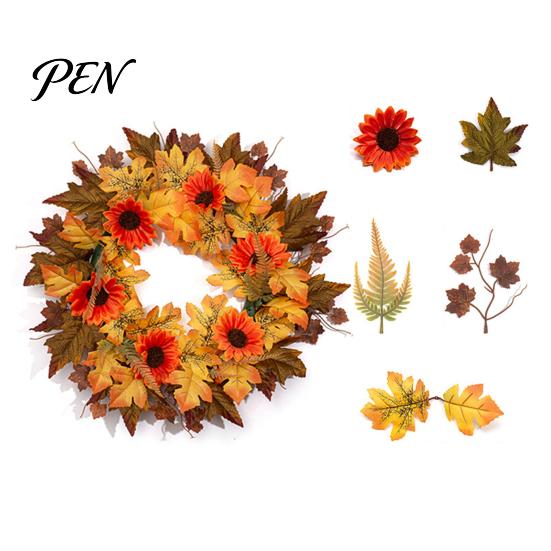 Holiday Party Supplies Fall Sunflower Maple Leaf Wreath with Pumpkin Pinecone, Thanksgiving Harvest Artificial Faux Garland Wreath, Indoor Outdoor