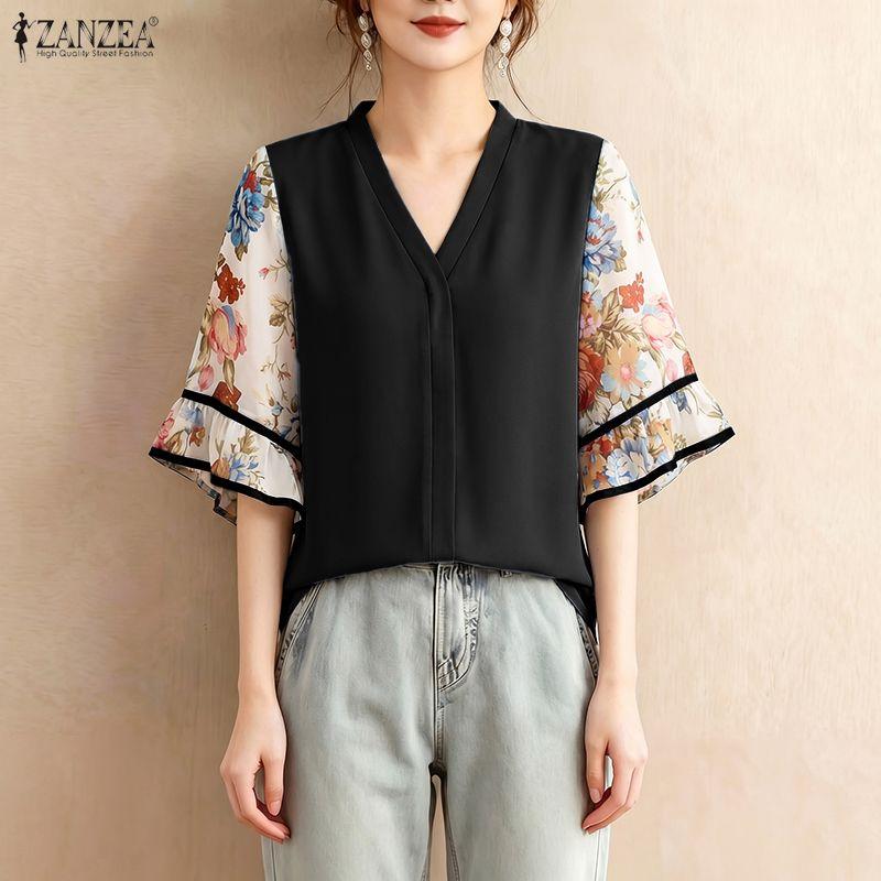 ZANZEA Women Casual V-Neck Splice Half Sleeve Loose Blouse