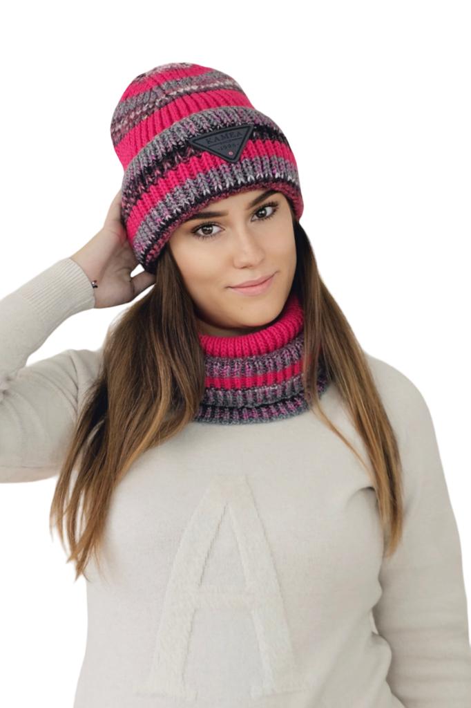 Muscari Winter Hat with Stripes and Sequins, Raspberry Color