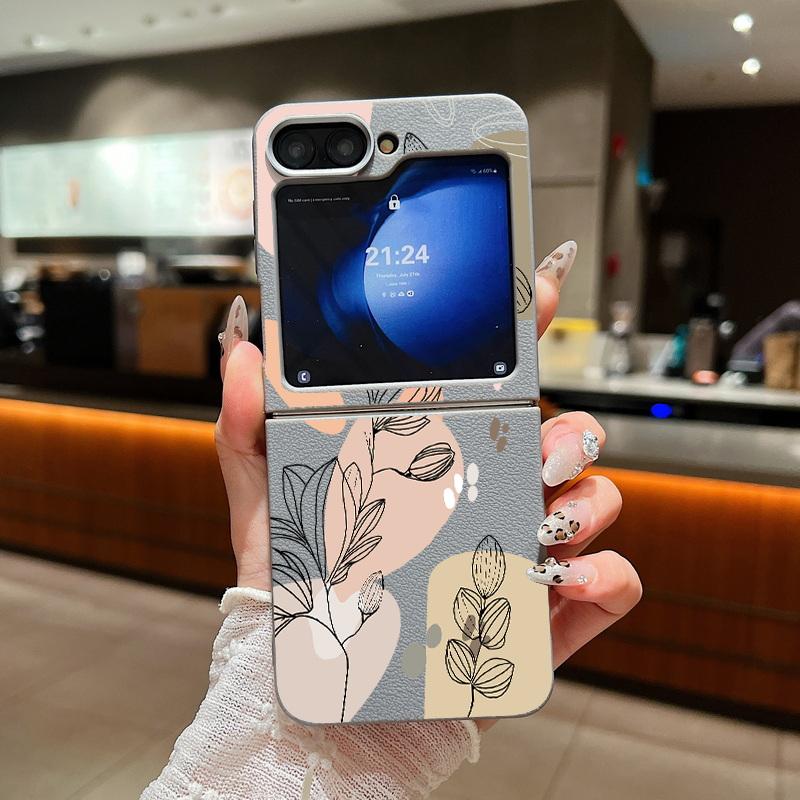 Leather Texture Soft TPU Folding Case For Samsung Galaxy Z Flip7 Flip6 Flip5 Flip4 Z Flip 7 FE 6 5 3 5G Plant Print Phone Cover