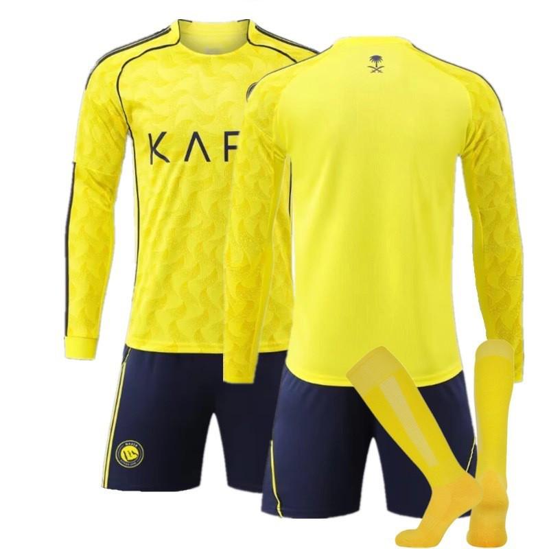 2026 Riyadh Home Soccer Jersey Long Sleeve Kit Mens Football Uniform Size S-3XL Yellow Striped Ronaldo 7