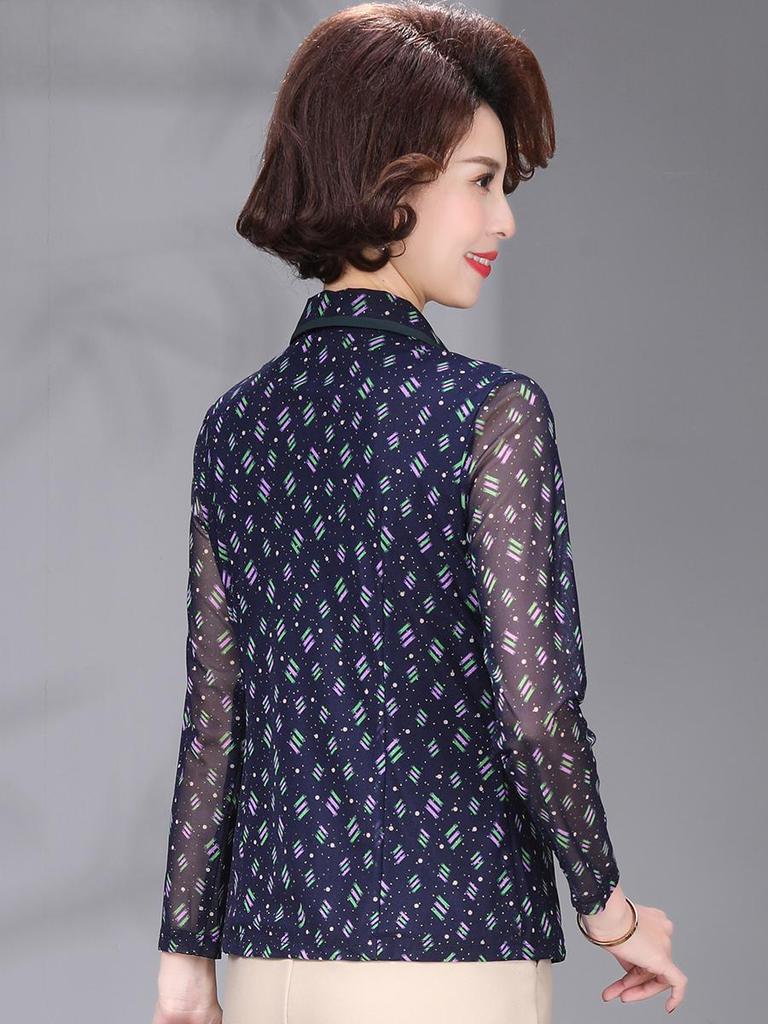 Taiwanese Mesh Slim-Fit Long-Sleeve Top for Middle-Aged and Elderly Women - Spring/Autumn Fashion