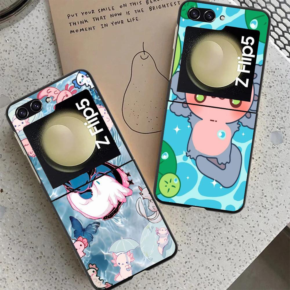 Cute Axolotl Kawaii Black Phone Case For Samsung ZFlip7 ZFlip6 ZFlip5 ZFlip4 ZFlip3 5G Hard Protective Galaxy Z Flip 3 4 5 6 7
