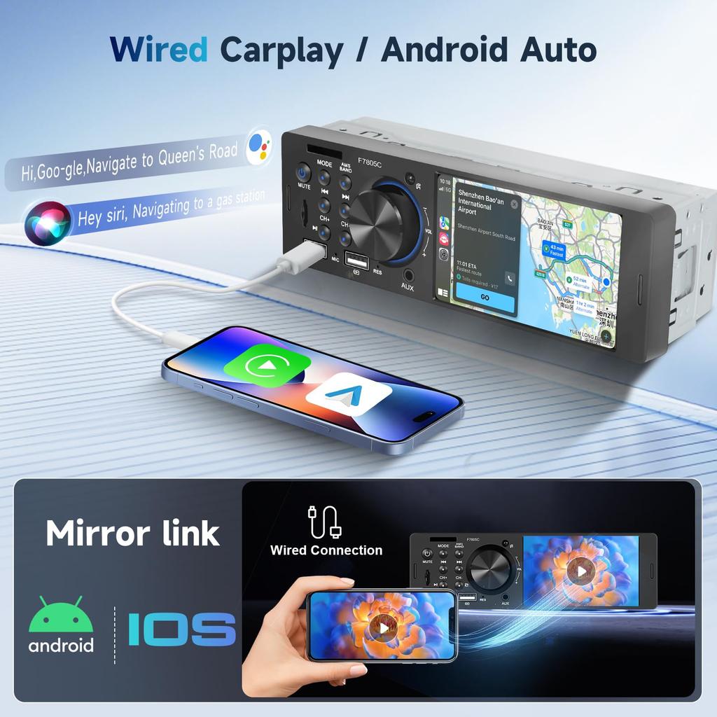 Hodozzy 1DIN Car Stereo, Bluetooth Compatible, CarPlay/Android Auto, Support Car Audio 4" Touch Screen,