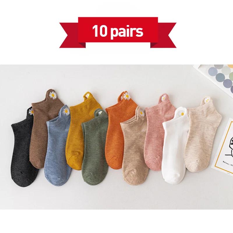 

10 пар женских весенних и летних носков с лозунгами в виде хризантем, милых, модных, удобных, в стиле колледжа, с тканевыми этикетками