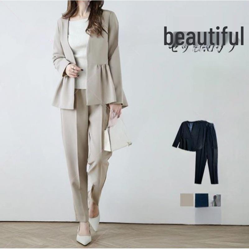 

Cross-Border V-Neck Patchwork Blazer & Cropped Pants Set Small