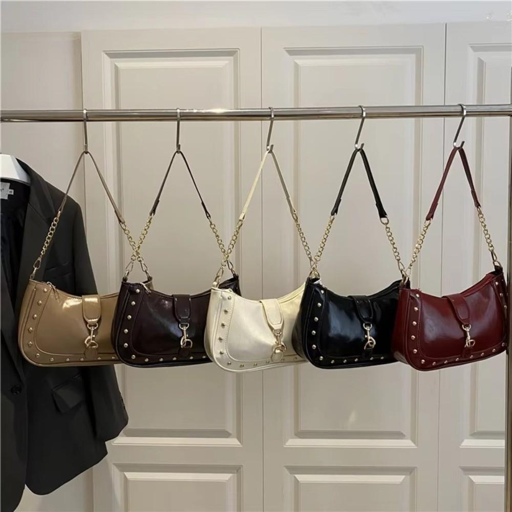 Casual PU Women Shoulder Bag Large Capacity Water-Resistant Crossbod Bag with Hook Lock Metal Rivet Decoration Underarm Bag