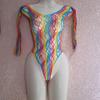 Sexy Bodysuits Rainbow Hollow Out Long Sleeves Fishnet Women Perspective Transparent Beachwear Bikini Cover Up Rave Party CT008