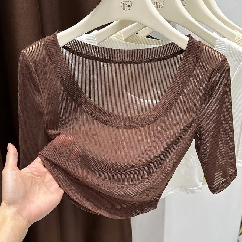 Women's U-Neck Faux Two-Piece Sheer Mesh Ribbed Crop Top