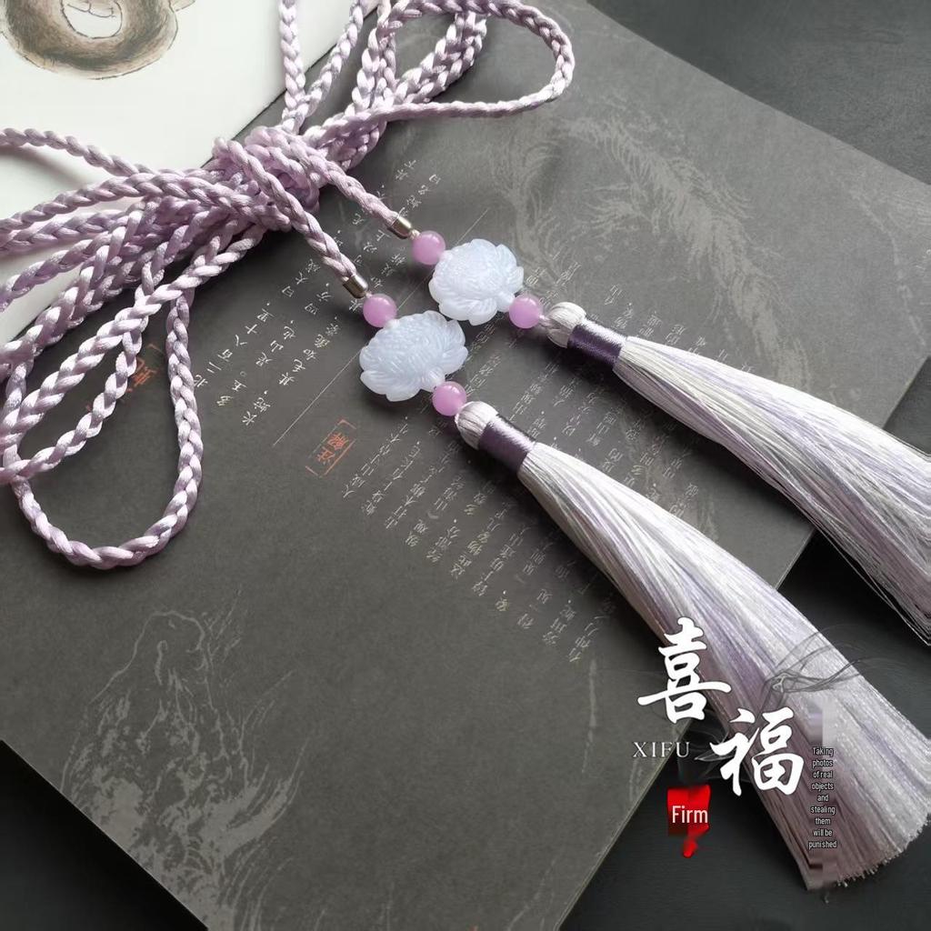 Ming Dynasty Daoist Robe Waist Rope with Jade Pendant Tassel - Unisex Hanfu Palace Ribbon Accessory