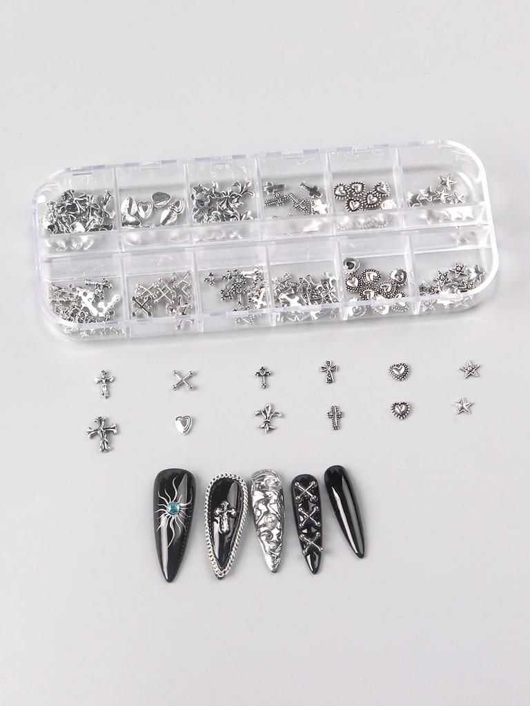 12 Grids Mixed 3D Punk Silver Heart Cross Metal Manicure Nail Decoration Retro Different Design Cross Nails Art Charms