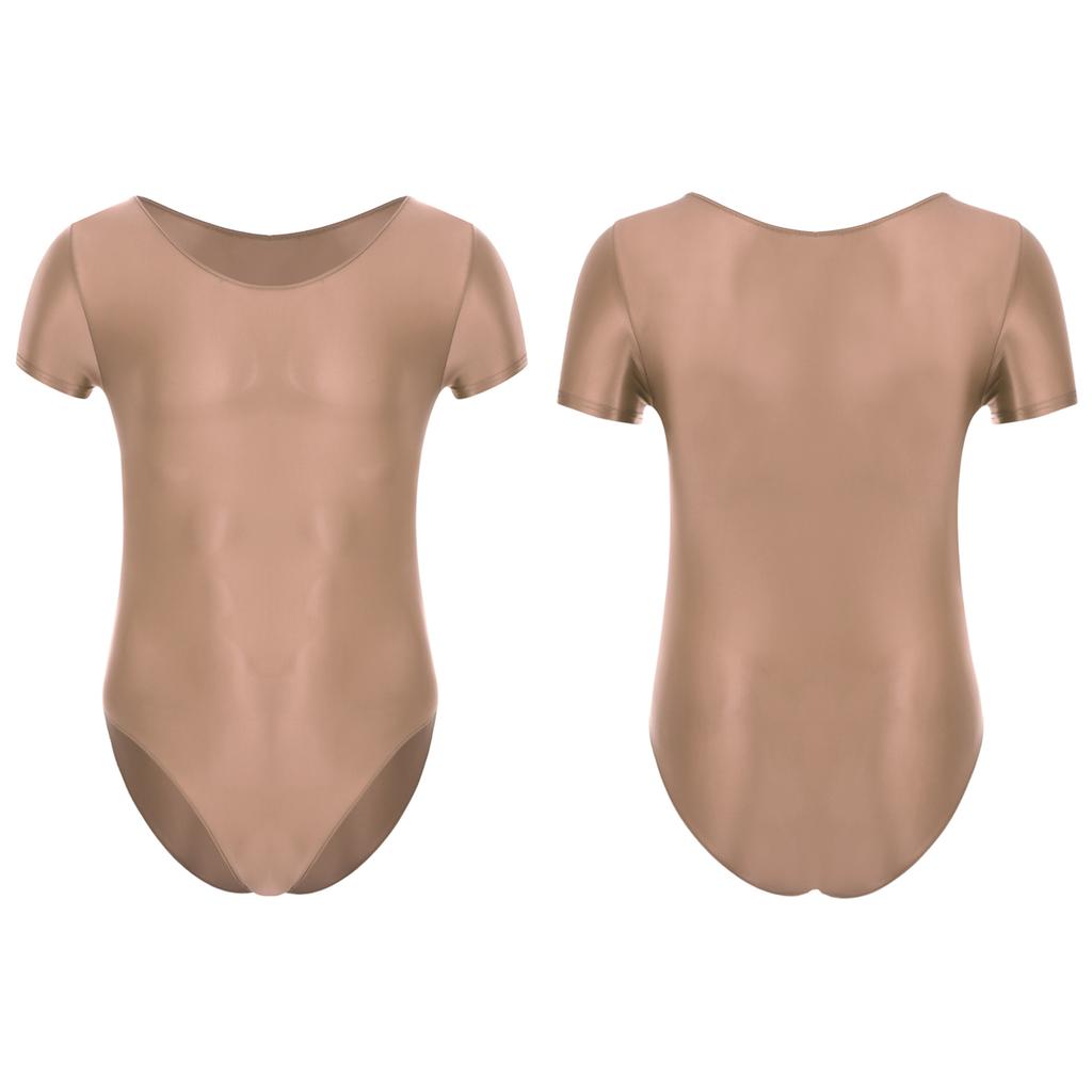 Mens Solid Color Short Sleeve Leotard Glossy Round Neck High Cut Bodysuit Swimwear Sportswear