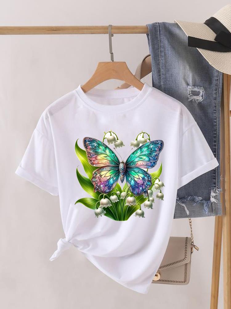 Aquarell Schmetterling Niedlich 90er Kleidung Damen Kurzarm T-Shirt Frauen Print Weiblich Grafik T-Shirts Mode Kleidung Lässiges T-Shirt