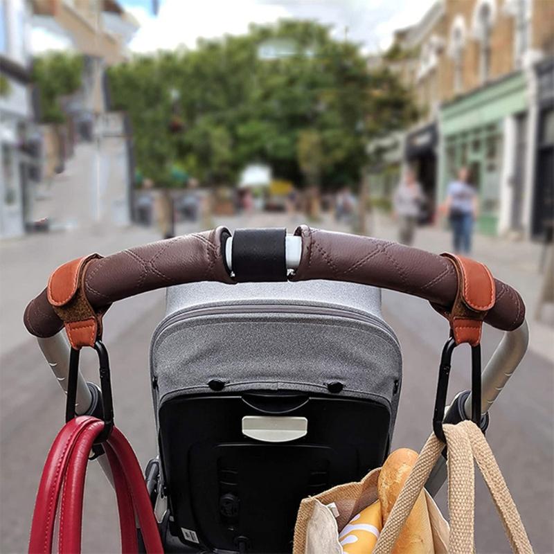 Convenient Baby Stroller Hooks Clips Stroller Accessories Aluminum Alloy Carabiner for Hanging Diaper Bags PU Leather