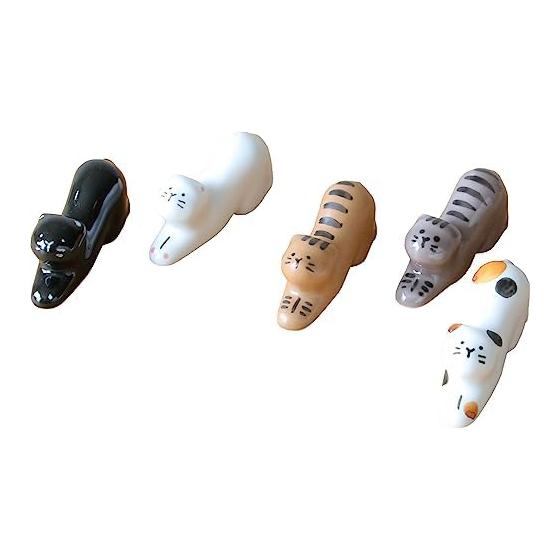 World Create Aibana Cat Chopstick Rest Gift Set (5-Piece) - Adorable Ceramic Cat Chopstick Rests from Hasami Ware, Japan, Featuring Stretching Poses,