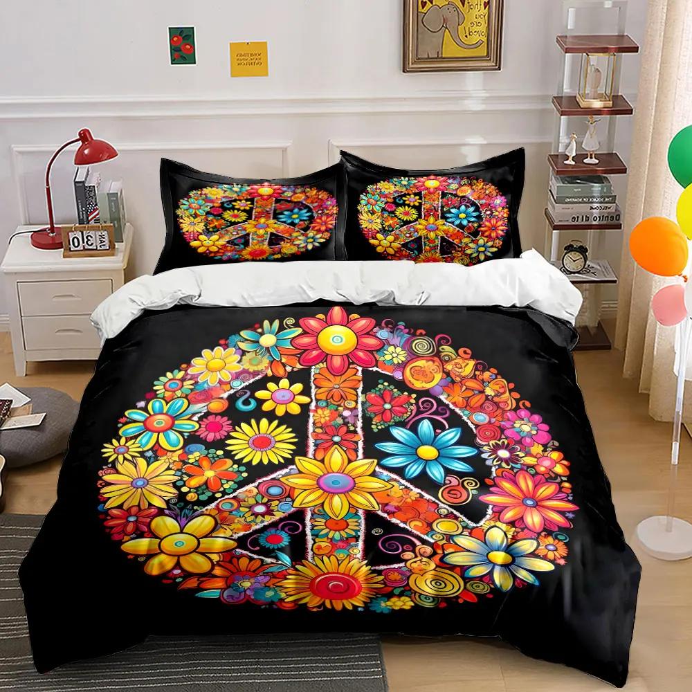 Flower Peace Symbol Decor Set Bedding Set with 1 Duvet Cover 2 Pillowcases Single Double King Queen Gift