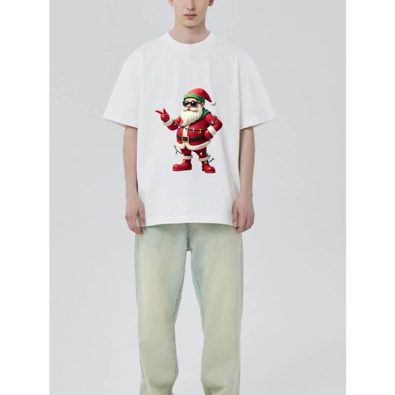 Crew Neck T Shirt Black Santa Claus with Sunglasses and Christmas Lights Print Casual Wear for Holiday Season