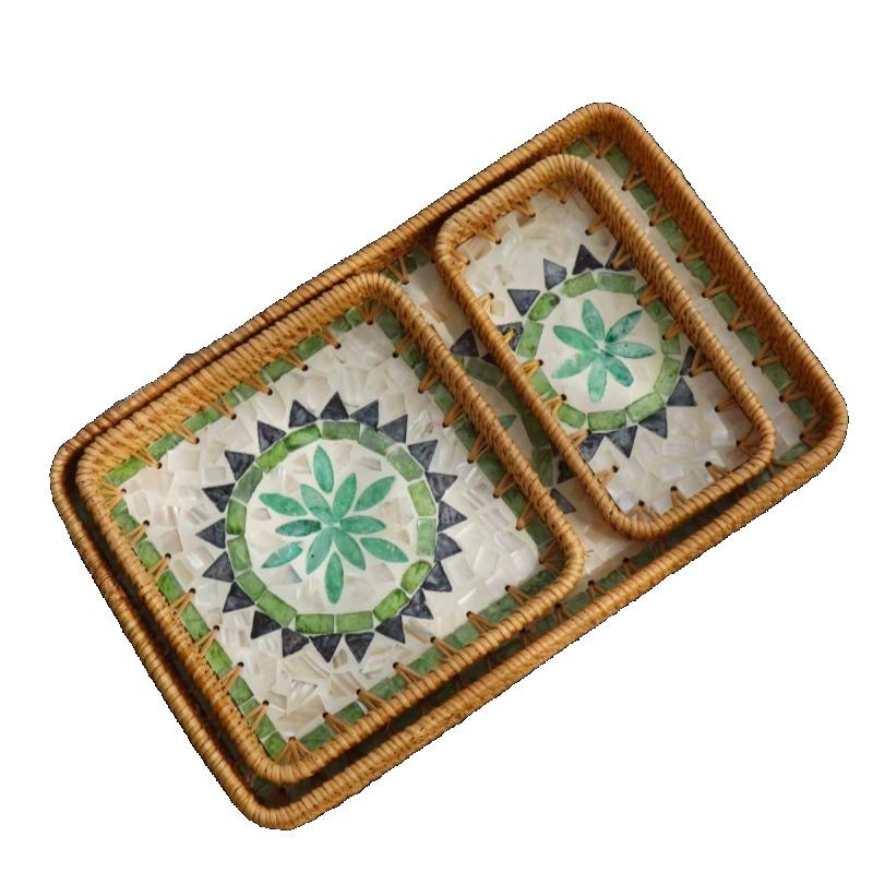 Asian Handmade Rattan Shell Tray Decorative Dining Accessory Fruit Serving Plate Home Snack Storage Tray for Living Room