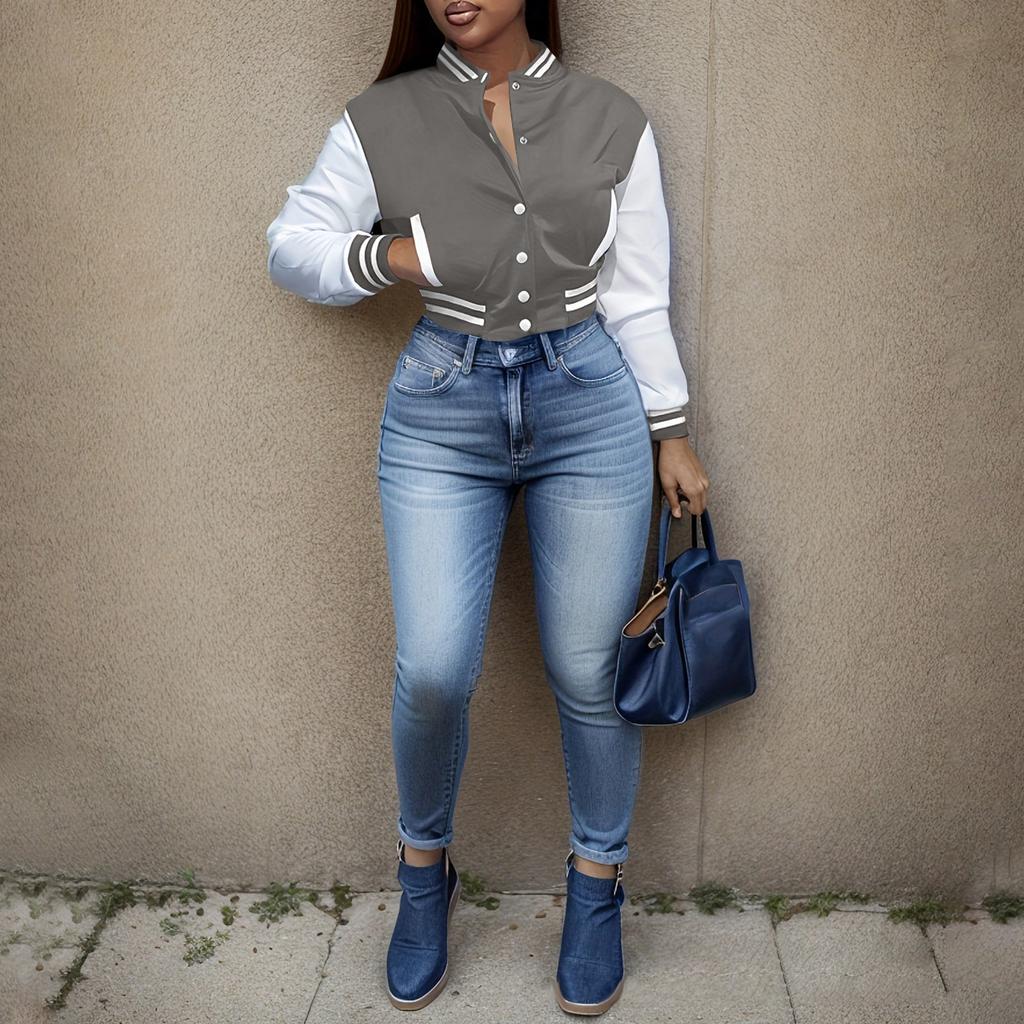 Damenmode, kurze, schlanke, einfarbige Spleißjacke, einreihig, Baseball-Kleidung, Sportmantel, Jacke, Sweatshirt