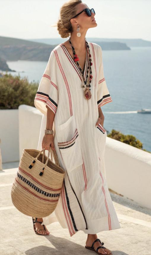 3D digital printing V-neck five-quarter sleeve long pocket Kaftan dress