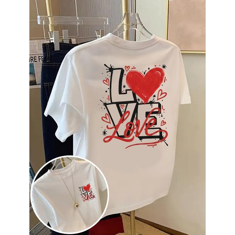 Love Heart Print Short Sleeve T-Shirt | Casual Crew Neck Top for Women, Fashionable Spring/Summer Apparel