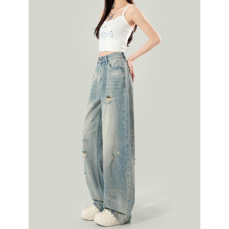 Womens High-Waisted Wide-Leg Distressed Denim Jeans 2026 Loose Fit Cropped Flare Trousers