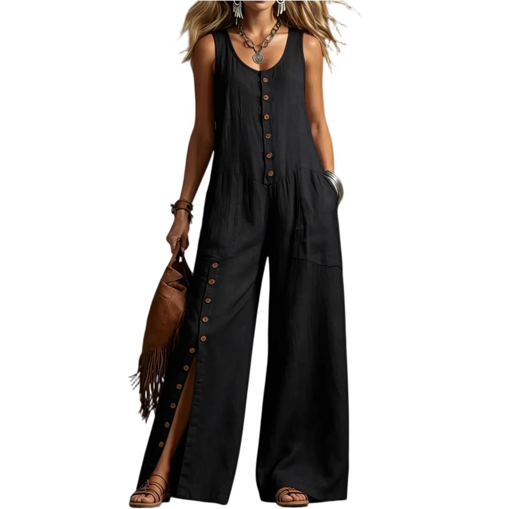 Sleeveless Wide Leg Jumpsuit for Women with Button Down Front and Side Pocket Loose Fit Casual Overalls Romper