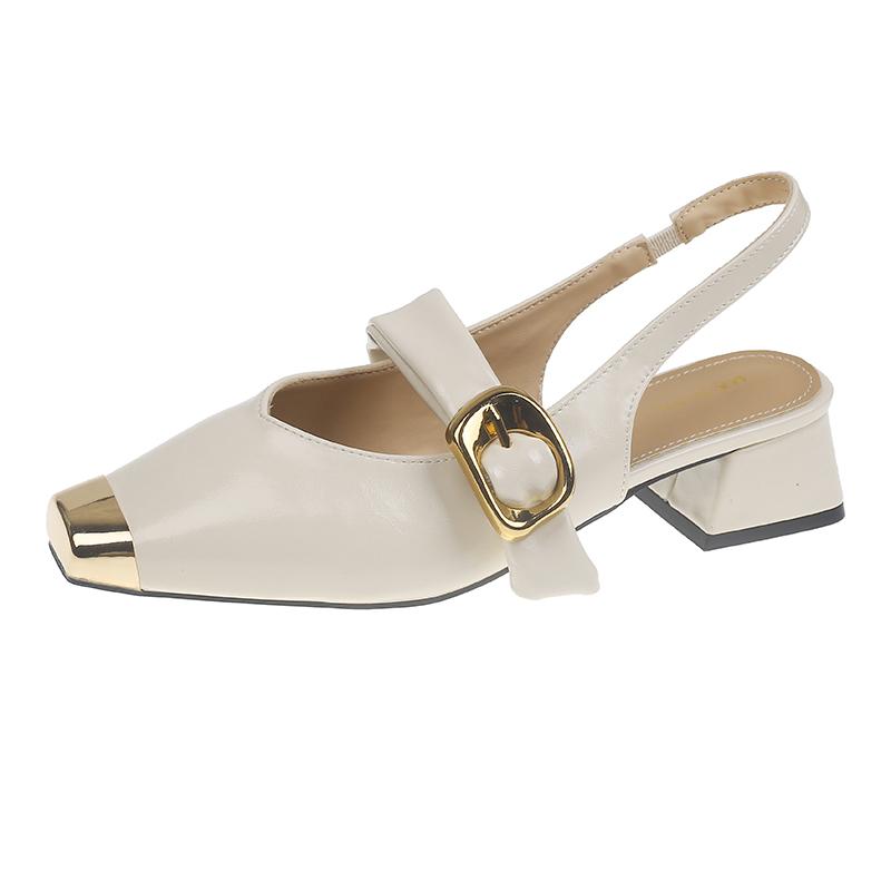 Fashion Spring New Baotou Sandals Women's Fashion Metal Square Head Shallow Mouth Line with Soft Sole Non-slip Low Heel Shoes