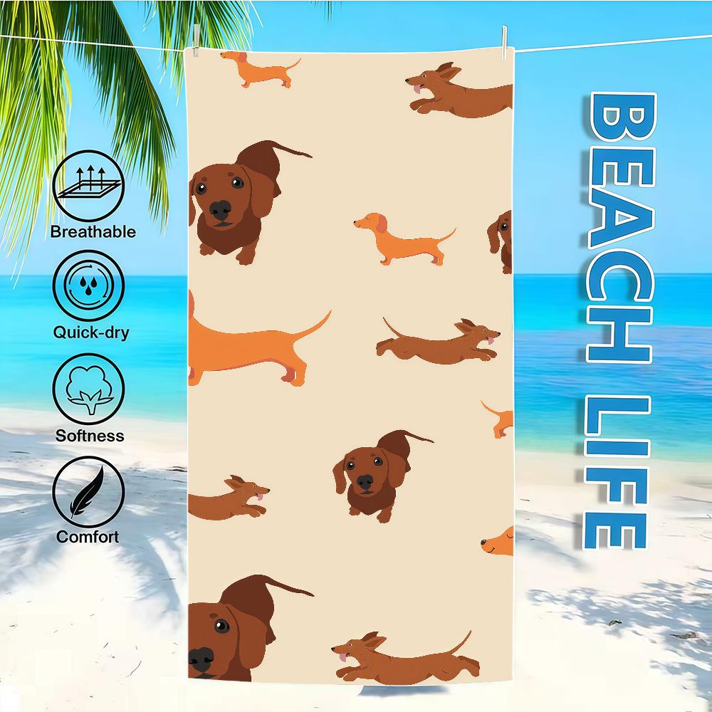 

Cute puppy beach towel Towel Textile Bathrobe Beach Quick-Drying Dachshund Lightweight Cartoon Portable Camping Swim Pool Travel W30*H60(CM)