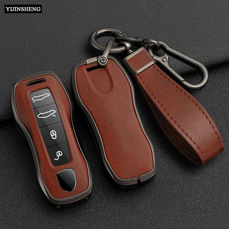 Zinc Alloy + Leather Car Key Case Cover Fob Holder For Porsche Cayenne Panamera 971 911 9YA Macan 718 Cayman Boxster 3 Remote