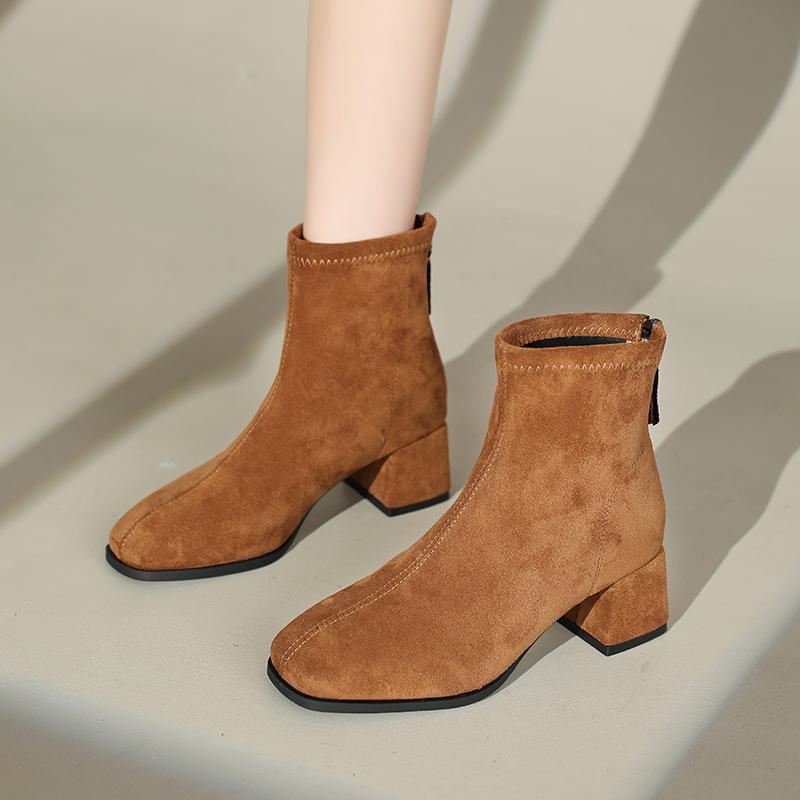 Autumn Vintage Suede Women Ankle Boots Ladies Concise Pointed Toe Thick Heel Short Botas Zapatos De Mujer