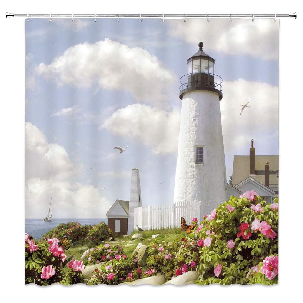 Lighthouse Shower Curtain Bathroom Decor Ocean Sunrise Nautical Seascape Shower Curtains Polyester Fabric Bath Curtain with Hook