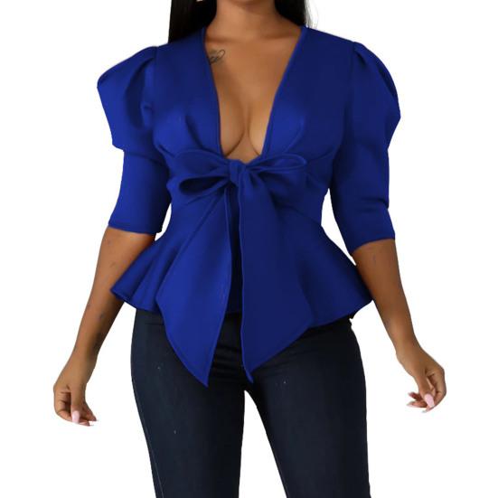 Deep V-neck Puff Half Sleeve Solid Color Women Coat Ruffle Hem Bowknot Bandage Peplum Blazer Workwear
