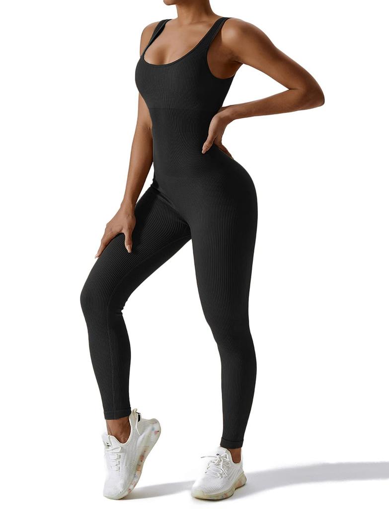 Nahtloser gerippter Yoga-Bodysuit Jumpsuit für Damen Fitnessstudio Outdoor-Sport Rückenfrei Lange Hosen Hohe Taille Scrunch Po-Lifting Schnelltrocknend