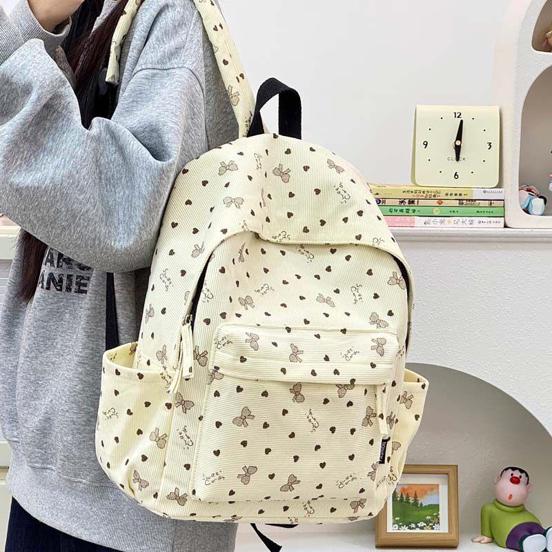 Schoolbag Corduroy Cute Backpack Girl Girl Heart Printing Large Capacity Lightweight Simple Backpack Campus Style Student School Bag