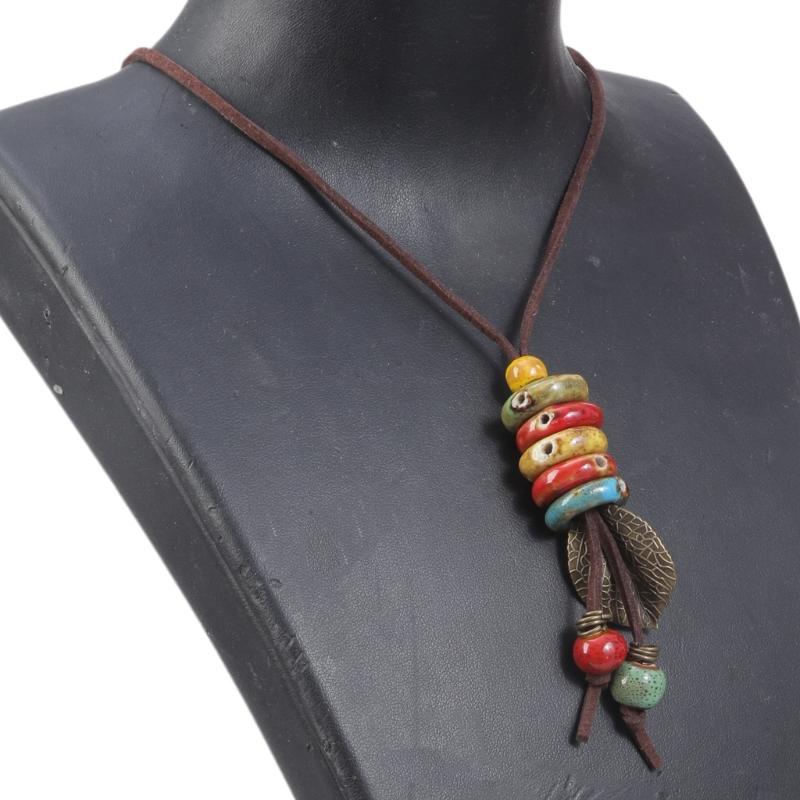 Handmade Ceramic Necklace Adjustable Length Multi Color Beads Leaf Pendants Vintage Style Sweater Chain for Women