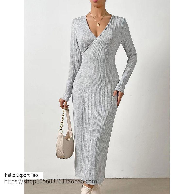 Fashion Wind Knitting Lace-up Long Sleeve Bodycon Dress Elegant Graceful V Neck Dress Lace up Knit Dress
