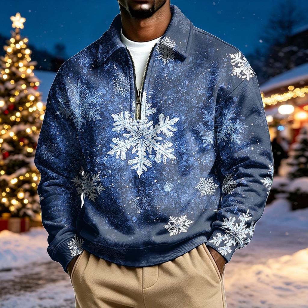 Men's Casual Christmas Print Quarter-Zip Sweatshirt with Collar