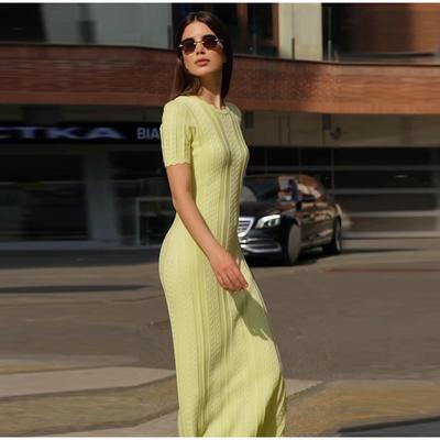 Elegant Thread Knit Solid Dress Women Slim O-neck Short Sleeve Hip Package Female Long Dresses Summer Lady Chic Robe