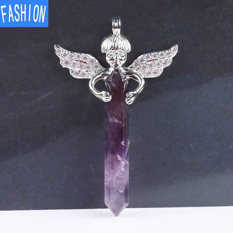 

Натуральный кристалл шестиугольный кулон Купидон Алмазное ожерелье с крыльями ангела Кулон amethyst platinum