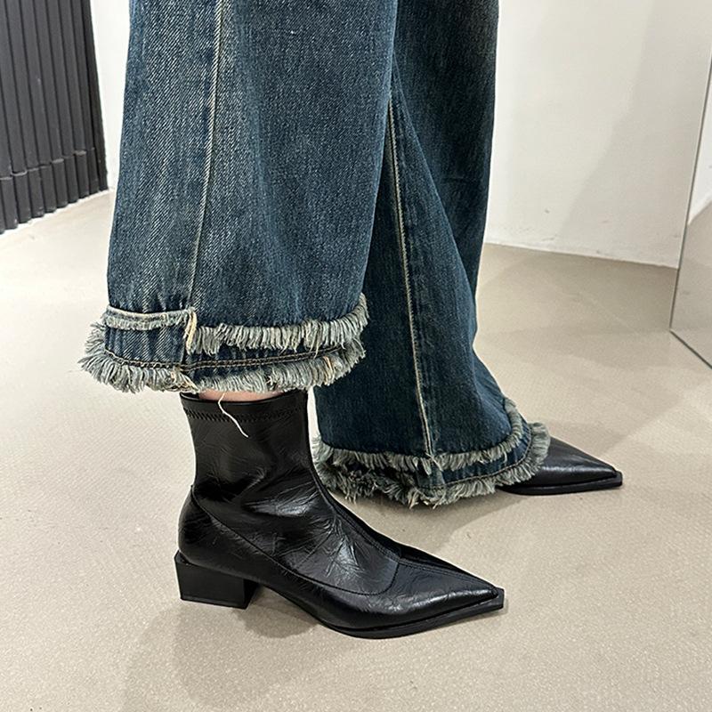 Pointed European and American Short Boots Women's New 2025 Autumn and Winter Women's Boots Fashion Thick Heel Thin Boots Niche Design Martin Boots