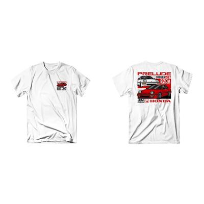 Übergroßes Kurzarm-T-Shirt mit Honda Prelude 3. Gen (1987) JDM Grafikdruck, Mit B20A DOHC Emblem & Vorne/Hinten Oldtimer-Illustrationen