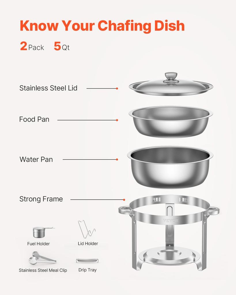 5 Qt 2 Pack Round Chafing Dish Buffet Set Full-Size Pan Stainless Steel